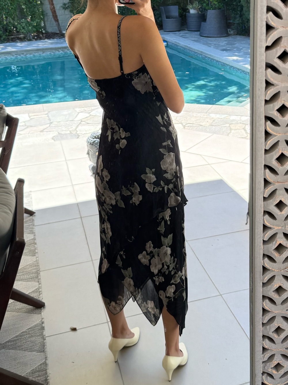 Eva Blue Black Floral Asymmetrical Mermaid Dress with Ivory Blooms - Picture 4 of 8